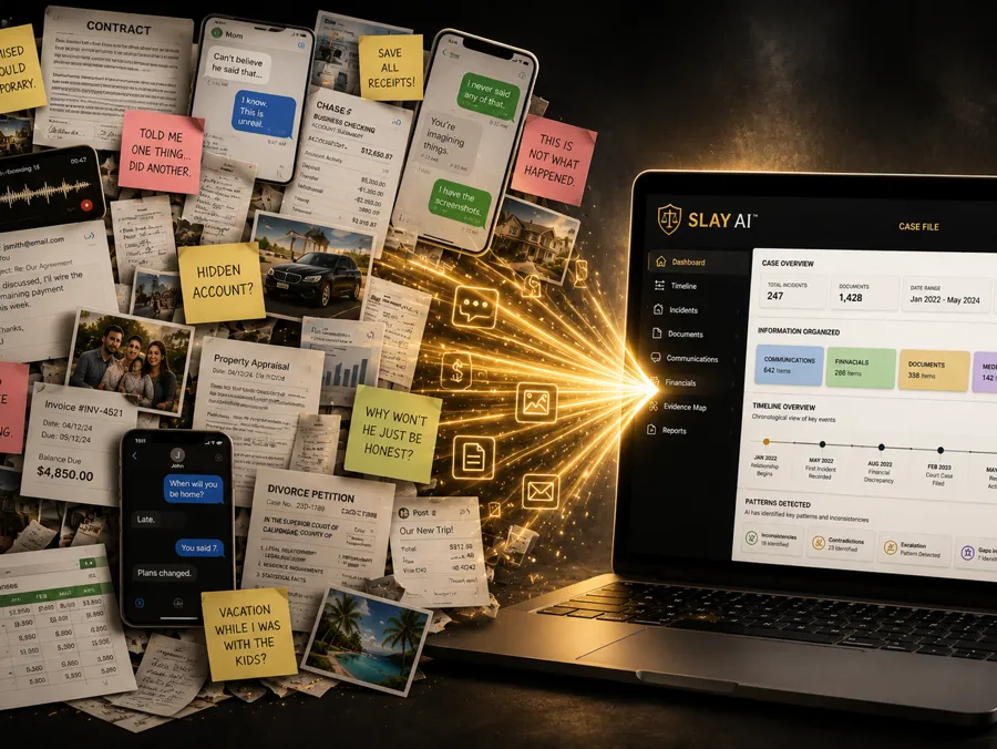 Scattered texts, receipts and screenshots flowing into the SLAY AI case file