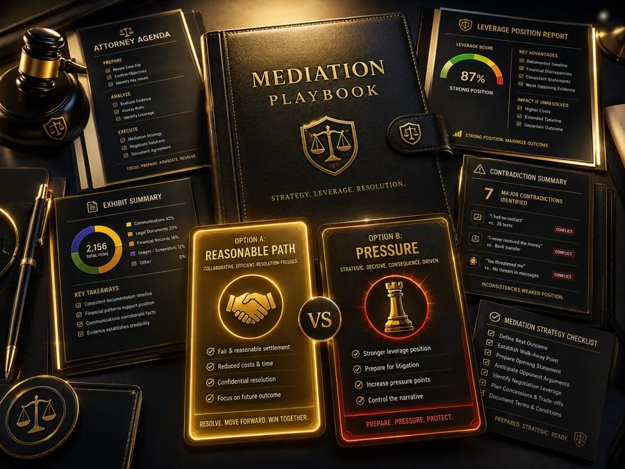 Work product from SLAY AI: attorney agenda, mediation playbook and leverage position report