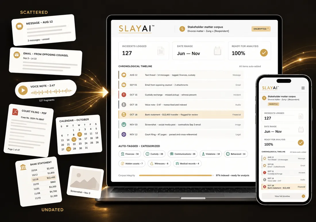 Scattered messages, voice notes and statements becoming one chronological timeline in SLAY AI